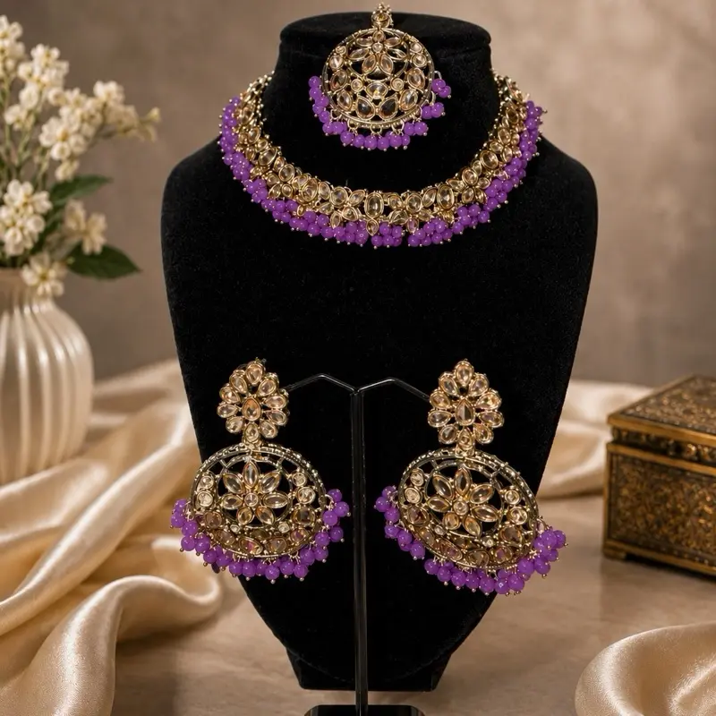 Women's Elegant Gold-Purple Jewelry Set - Floral Earrings, Beaded Tikka Necklace, Streetwear-Ready Embroidery Top Fabric Pullover for Special Occasions