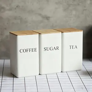 3pcs Tea Coffee Sugar Storage Box Set, Spice Jar, Metal Container with Bamboo Lid, Kitchen Organizer for Herbs Spices Candies