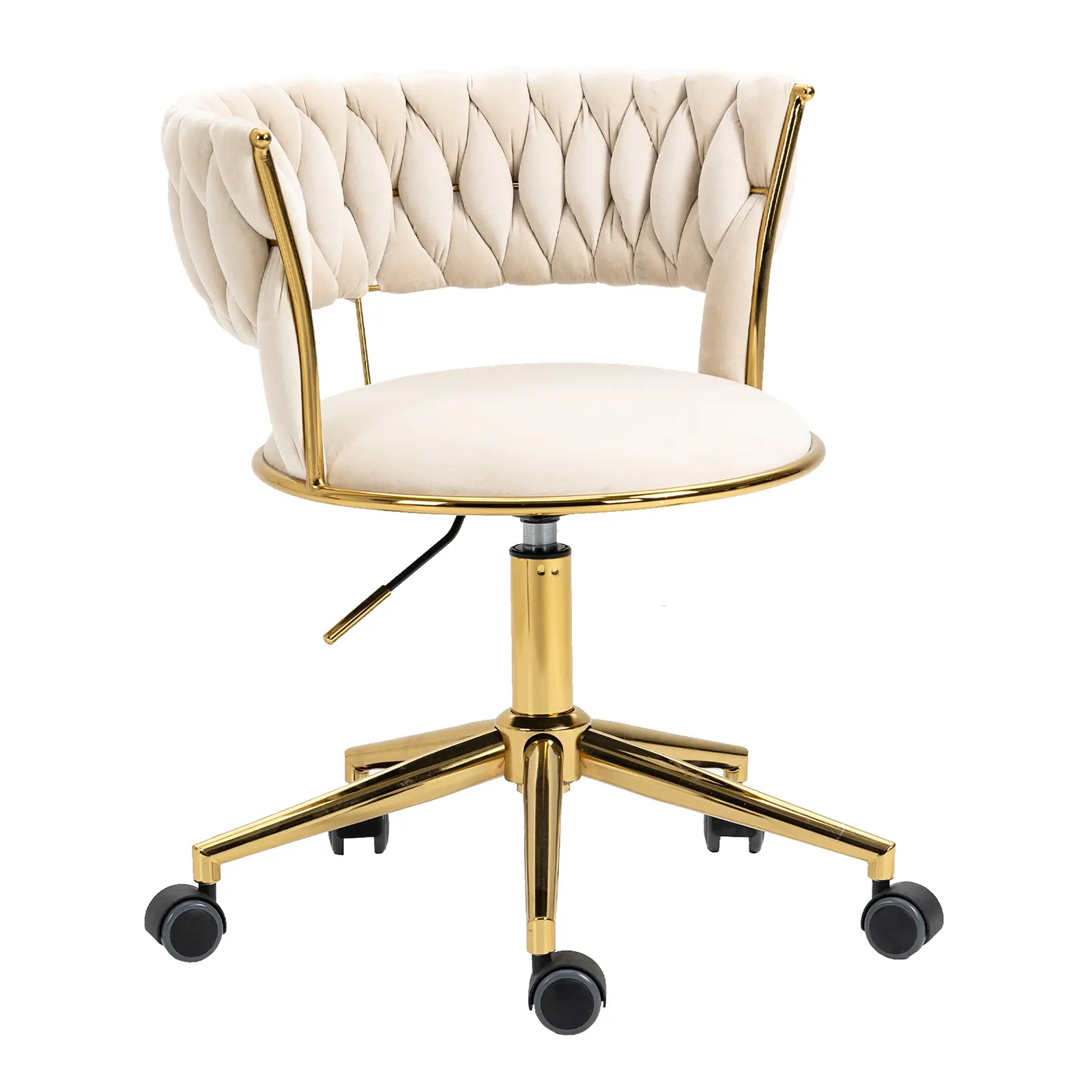Allnifurv Home Office Chair with Hand Woven, Velvet Upholstered Desk Chair with Open Back, 360° Swivel & Height Adjustable Task Chair, Ergonomic Office Chair with Gold Base