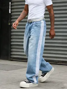 Men's Loose Fit Hip Hop Jeans, Patchwork Striped Washed Denim Jeans, Casual Streetwear Long Trousers, All Seasons Versatile Clothing