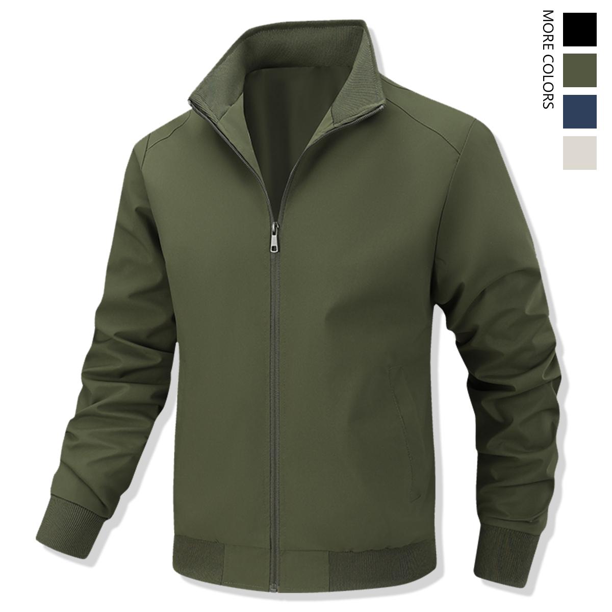 Men's Solid Color Flight Jacket Casual Coat, Versatile Casual Stand Collar Zipper Long Sleeve Coat, Zipper Jacket, Polyester Fiber Jacket, Suitable for Spring and Autumn Outdoor Use. Menswear Beige