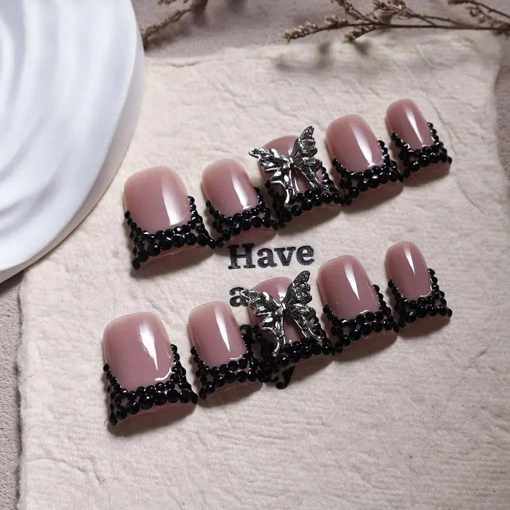 10pcs high-end Sweet and cool style, hand-painted three-dimensional butterfly, sparkling petite black diamond handmade False Nails Press On Glossy fake nails