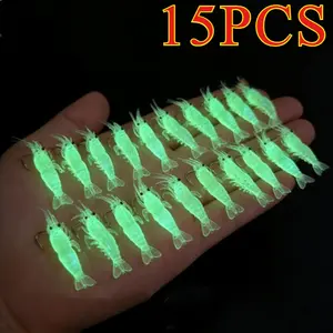 2026 New 15-Piece Luminous Shrimp Lure Set, Glow-in-the-Dark Soft Plastic Baits with Hooks. Suitable for freshwater & saltwater and night fishing, perfect for catching bass, trout, crappie, walleye & redfish.
