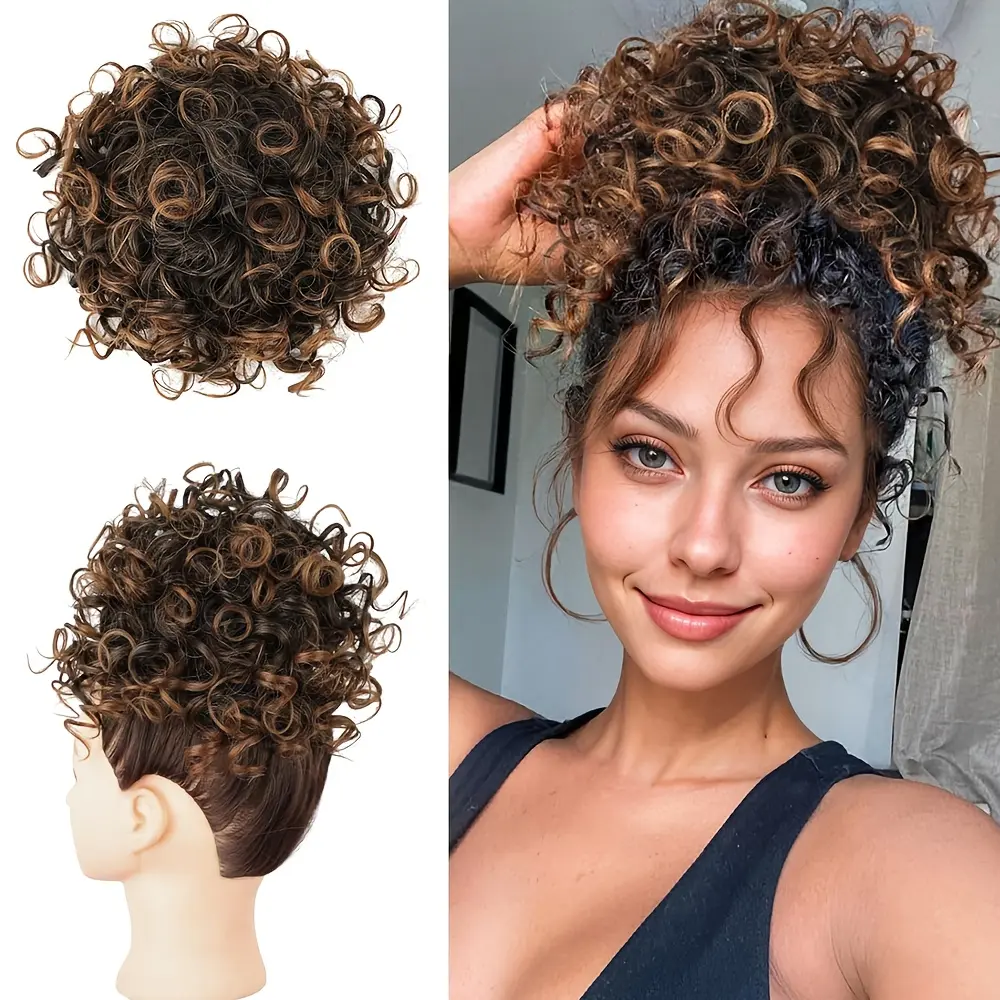Women's Elegant Short Curly Synthetic Hair Ponytail Extension - Elastic Drawstring Messy Bun, Easy-to-Apply Volume Ponytail Bun Headpieces for Damaged Hair, Volume Ponytail Headpieces
