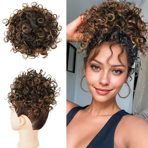 Women's Short Curly Deep Wave Brown Synthetic Ponytail Extension - Elastic Drawstring Messy Bun, Clip-Free Hold, No Frizz, Easy-to-Apply Volume Headpiece for Damaged Hair, Daily/Party Dating Use, Smooth Soft Synthetic Hair