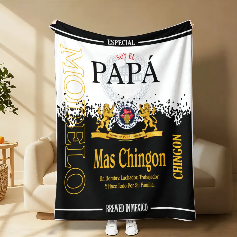 Soft Hispanic Mexican Pride Plush Fleece Throw Blanket - Soy El Papá Mas Chingon Modelo Bottle Label, 2 Lion Spanish Text Print & Other Patterns, Contemporary Home Decor, Mexican Heritage Blankets for Family, Home/Camping Multi-Size Use