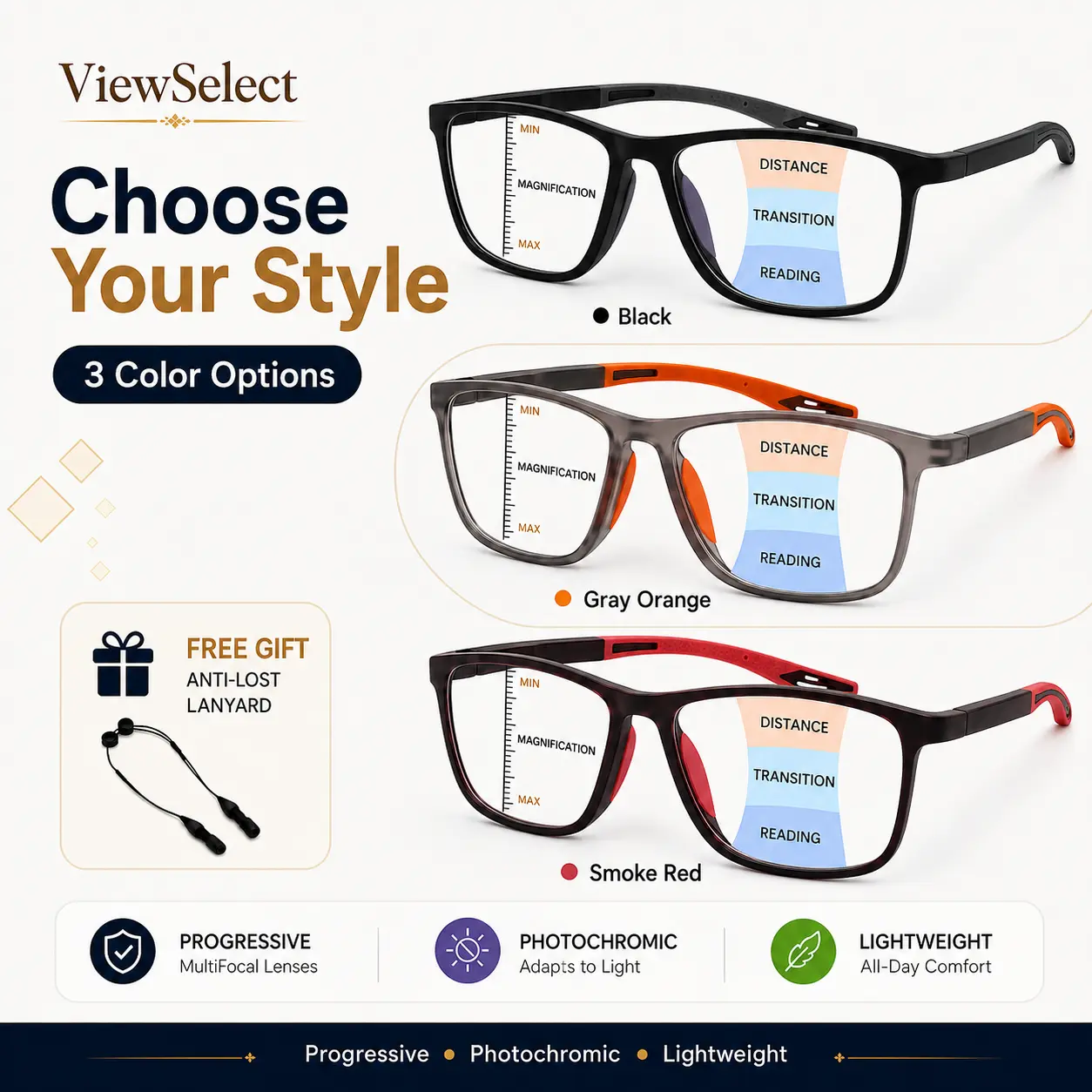 ViewSelect Progressive Blue Light Blocking Reading Glasses - HD Anti-Fatigue Computer Frames with Spring Hinge for Men & Women (Black, Orange, Clear)