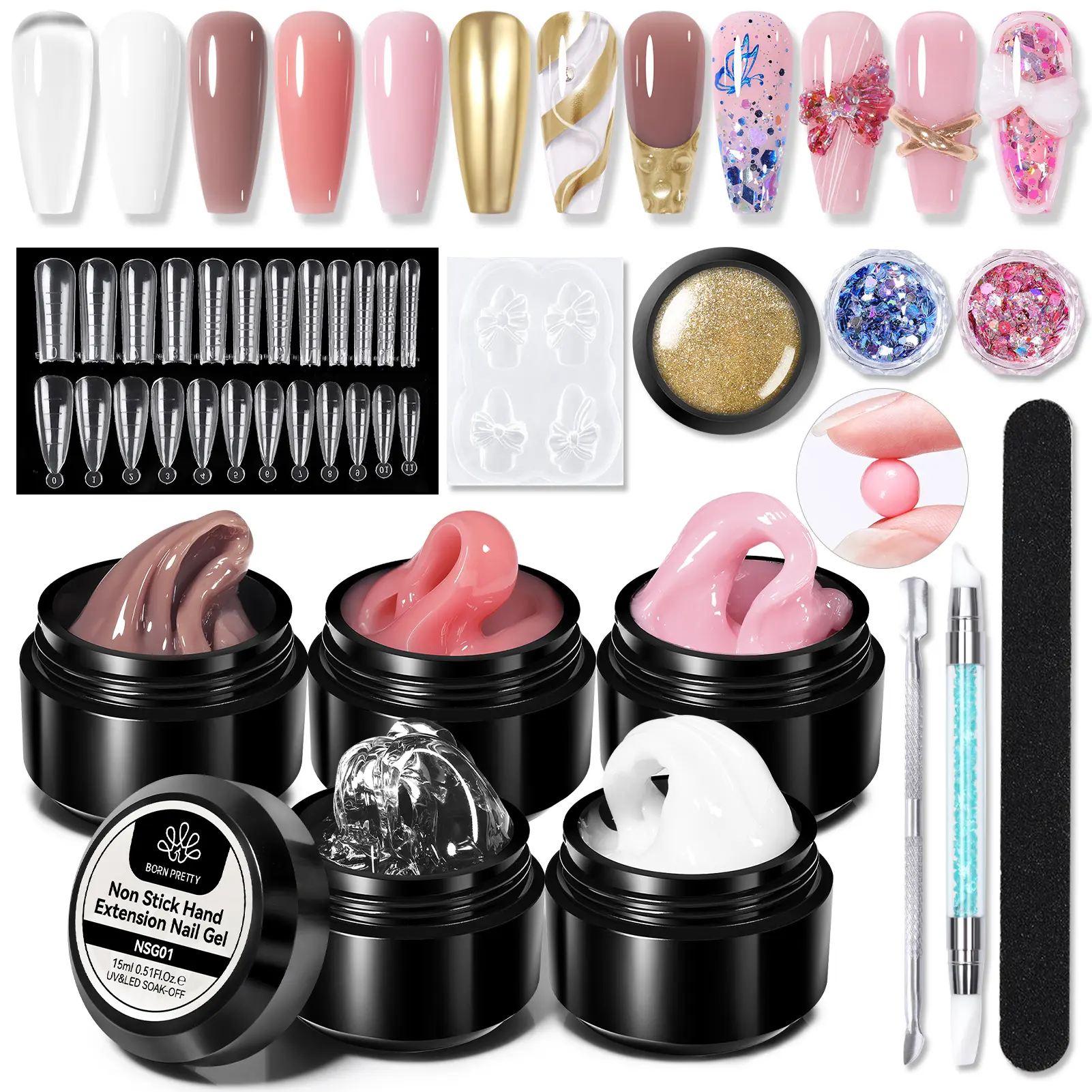 BORN PRETTY Builder Nail Gel - 5 Color Glitter Series, 15g Non-Stick Hard Carving Gel for Extension Nails, Hand Sculpture, Modeling Art, DIY Home/Salon Manicure