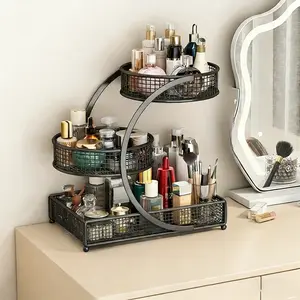 All-in-one Three-Tier Round Storage Rack - No assembly required, polished finish, multi-level metal cosmetic organiser. Modern skincare storage stand, lipstick bathroom countertop organiser. Tool-free fruit and vegetable basket, home décor.