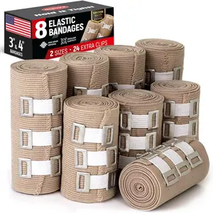 Elastic Bandage Wrap – 8pk (4x3", 4x4") + 24 Clips – Compression Bandage Wrap - Wrist, Ankle, Foot, Knee Wrap
