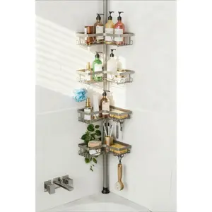 25-114.2" Silver Gray 4-Tier Corner Tension Shower Caddy - No-Drill Renter-Friendly Organizer Tension Caddy（Silver Gray） 9.57*9.57*114.2