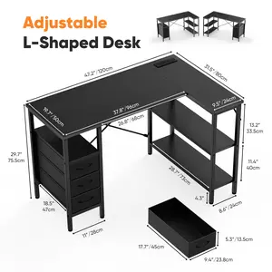 L Shaped Desk with Shelf Drawers 47 Inch, Brown Corner Computer Desks Gaming with Power Outlet, Study Table with Adjustable Shelves, Home Office Tables for Bedroom Teacher Reading Writing