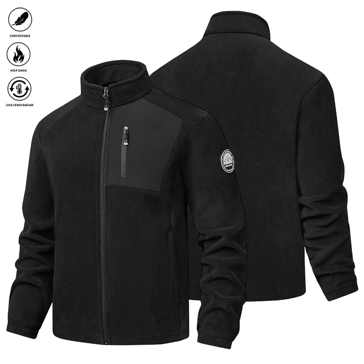 JOGWAVE Men's Color-Block Chest Utility Pocket Full-Zip Fleece Jacket with Mountain Explorer Patch | Stand Collar Thermal Windproof Midweight Outerwear | Multi Zip Security Pockets Coat for Hiking Commute Daily Casual