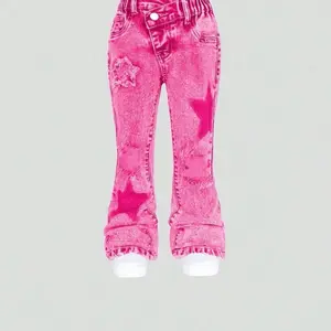 Pink Distressed Flare Jeans with Star Embroidery for kids 7 yrs