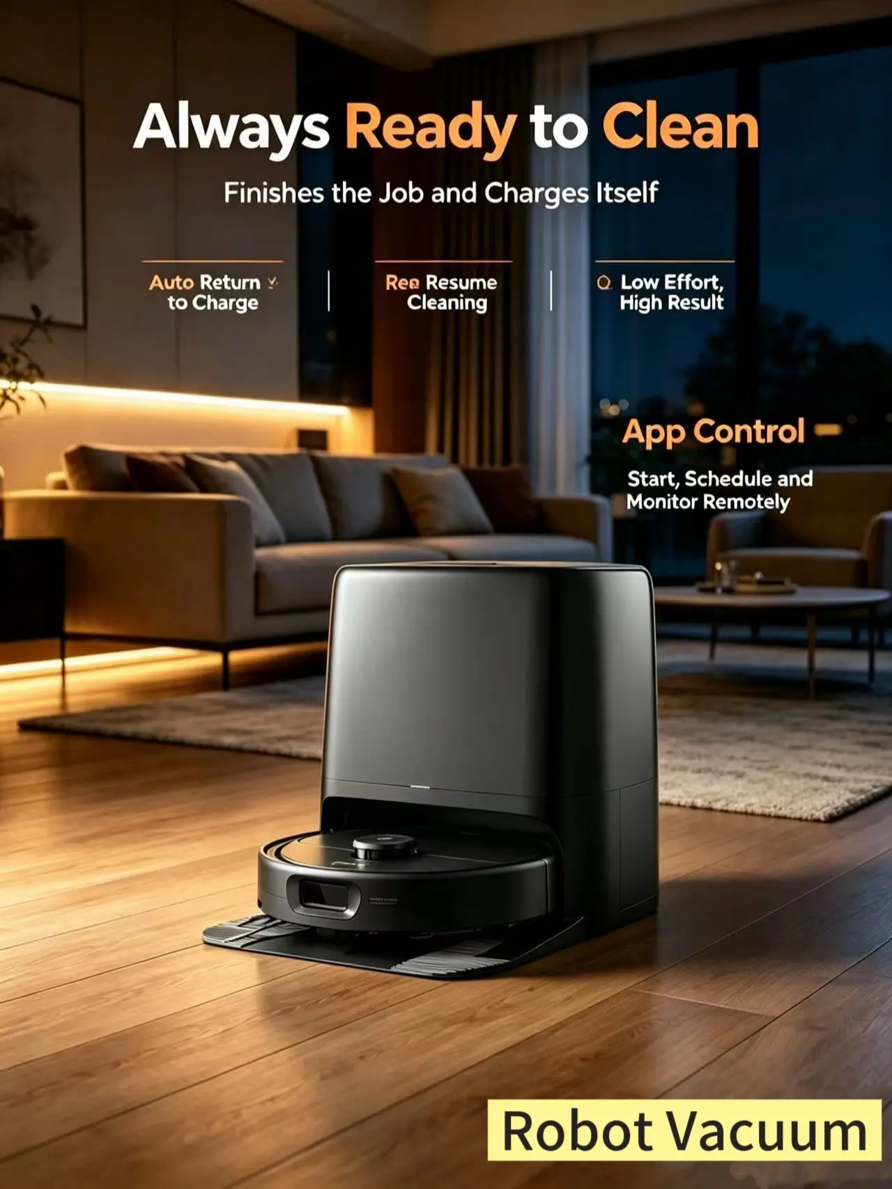 Self-Cleaning Robot Vacuum Mop Combo - App-Controlled Smart Cleaner for Pet Hair, Carpet, Hands-Free Indoor Recreation Floor Cleaning