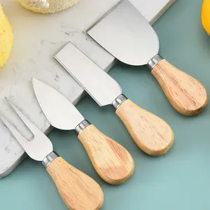 Stainless Steel Cheese Knife Set with Oak Handles, Perfect for Cheese Pizza Tableware, Essential Kitchen & Dining Utensils
