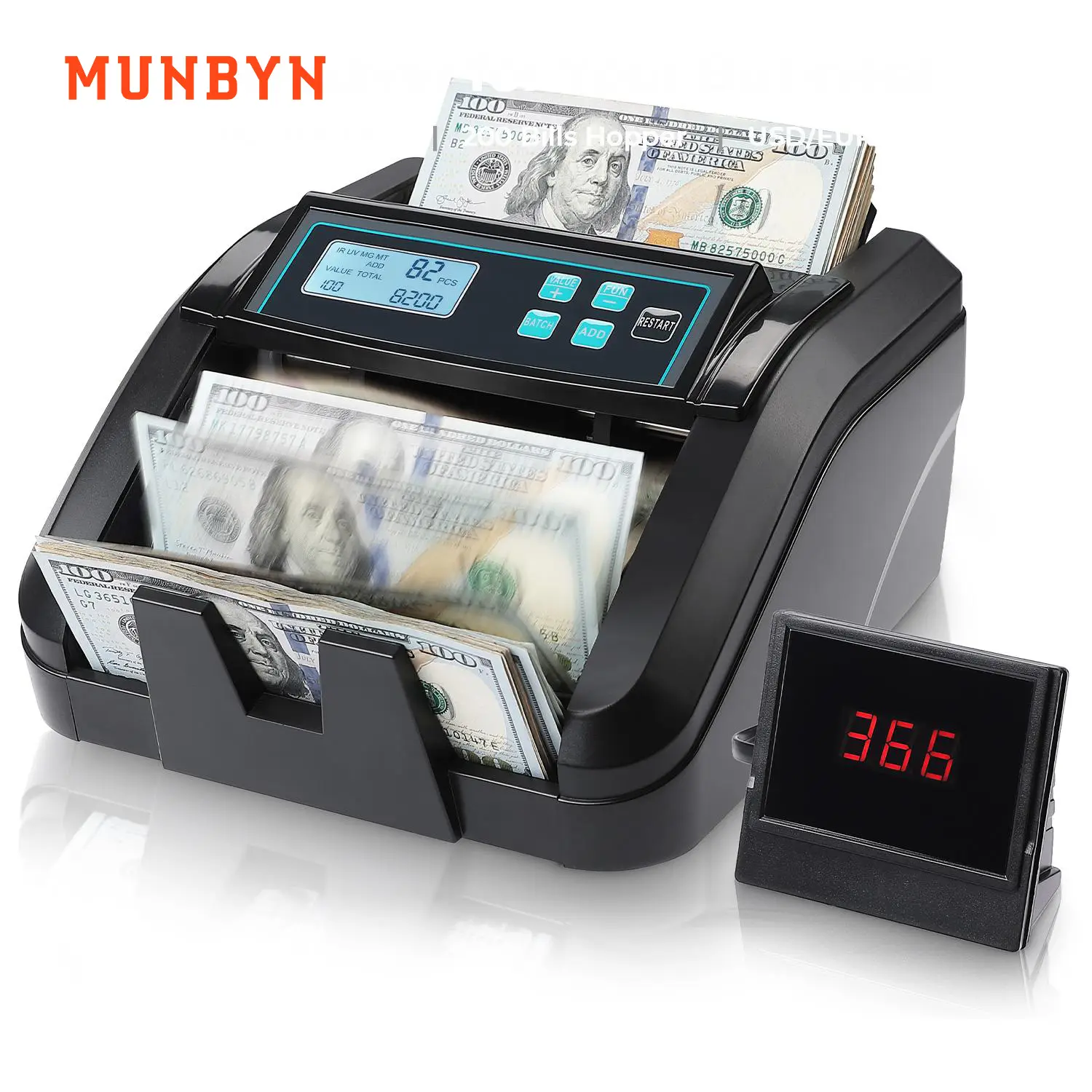 【MUNBYN IMC51 Money Counter Machine Count Value】Add+Batch/Add+ Value Mode Bill Counter, UV/MG/IR/MT Detection, USD only Cash Counter,1100 Bills/min, M