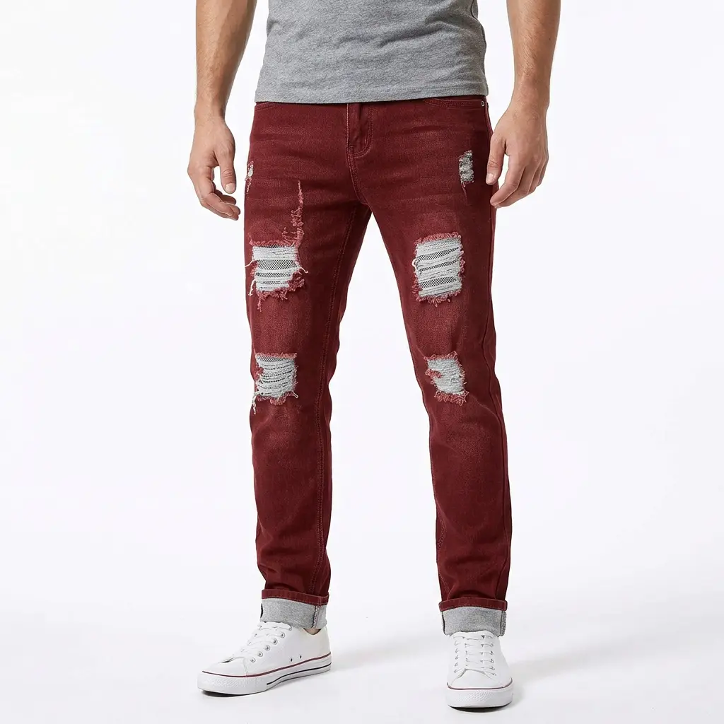 Men's Aesthetic Pants, Plain Red Slim Fit Ripped Jeans in Soft Distressed Stretch Breathable Denim, Casual Menswear, Vibe, Grunge Aesthetic, Stretchable Big Beige, Standout Distressed, Edge Wear