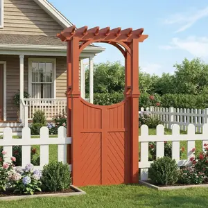 Orange Wood Garden Arbor with Gate and Trellis, Outdoor Fir Wood Garden Arch for Climbing Plants, Wooden Arbor Trellis for Wedding Backdrop, Yard Entryway, Garden Pathway and Landscape Decor