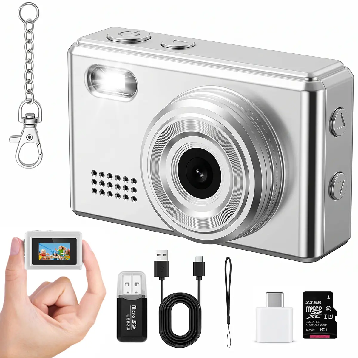 Mini CCD Retro Camera- Keychain Rechargeable Vlogging Digital Camera, 1080P HD with 5 Vintage Filters,32G Card, Flash, 0.96" Screen, OTG Transfer, Best Gift for Teens Girls Students