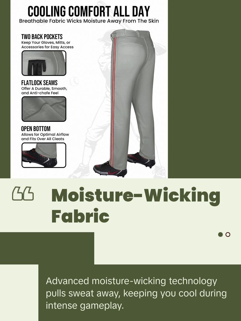 Exxact Sports Proline Full Length Baseball Pants Youth & Adult with Stripes, Relaxed Fit Open Bottom Men/Boys Baseball Pants (Grey/Red)