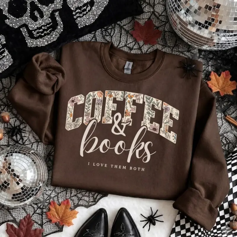 Coffee & Books Floral Sweatshirt, Cute Book Lover Shirt, Book Club Shirt, Teacher Back to School Graphic Crewneck Top, Trendy Cottagecore Aesthetic Fall Reading Pullover Autumn Gift, Crewneck Top