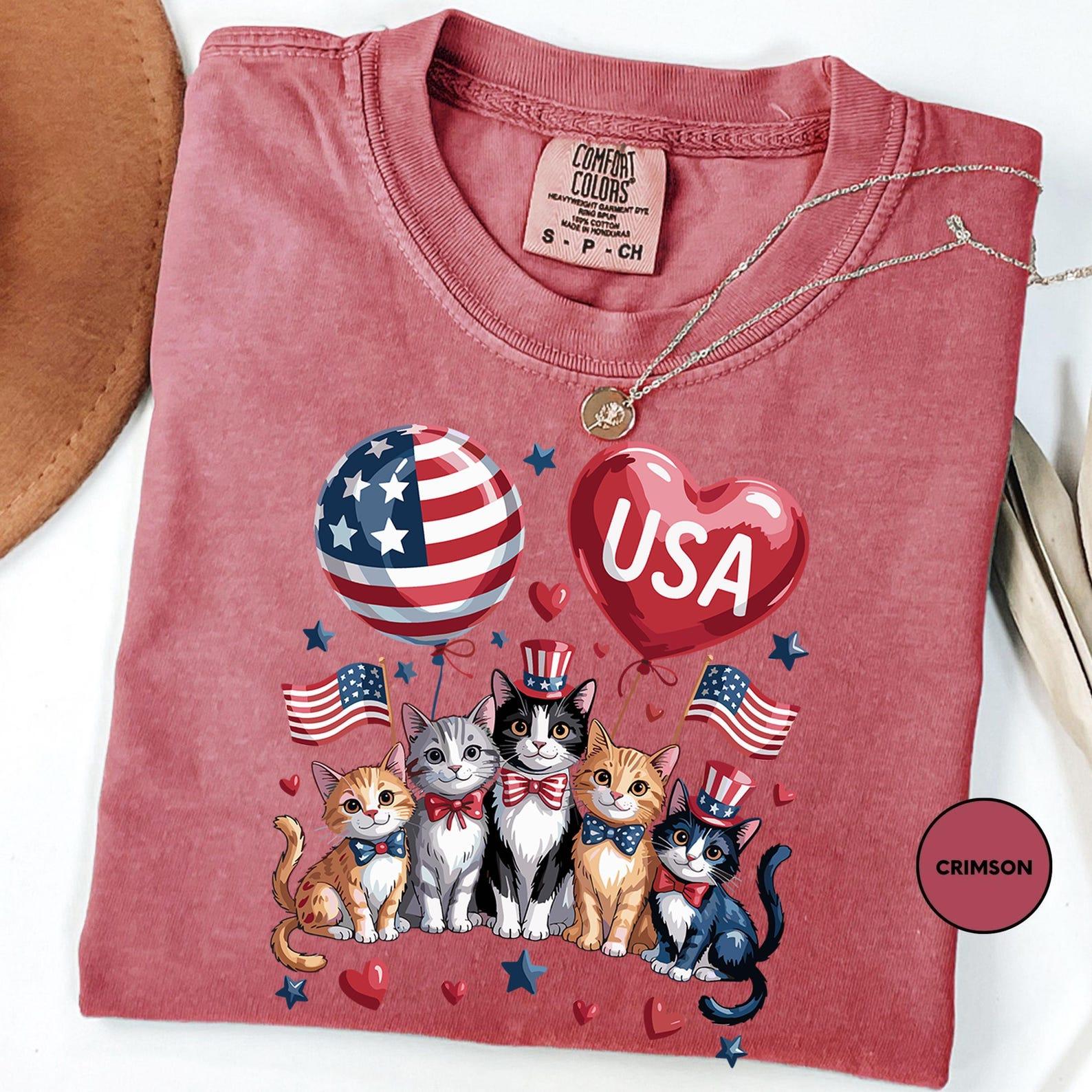 Women’s Cotton Ribbed Short-Sleeve Crew Neck Casual Top T-Shirt – Comfort Colors USA Patriotic Cats, American Flag Balloon Heart Cat Graphic, 4th of July Independence Day, All Seasons