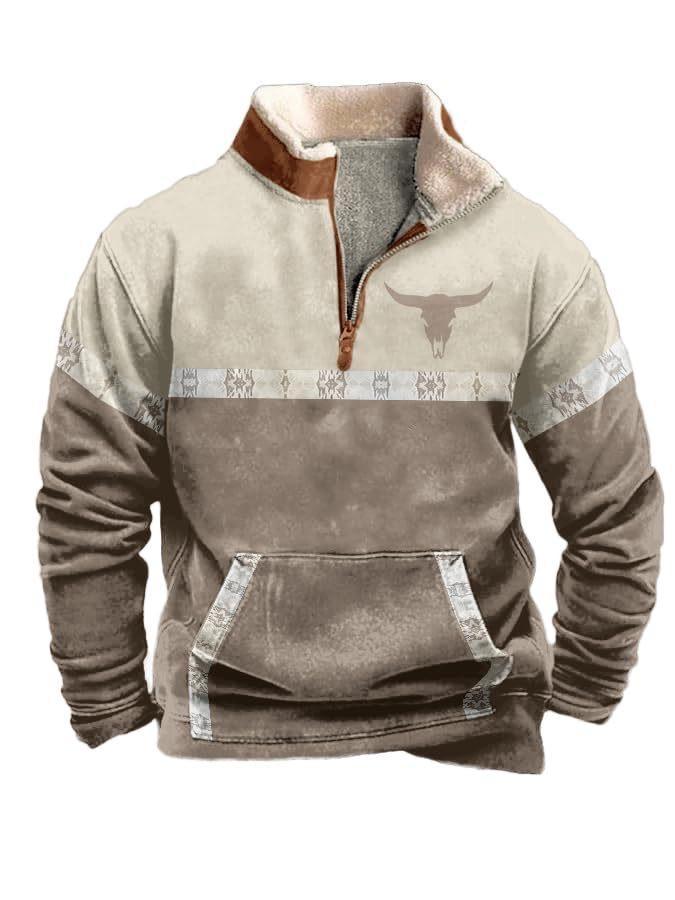 Men's Hoodie Vintage Bull Bones Pullover Long Sleeve Stand Collar Zipper Casual Zipper Sweatshirt