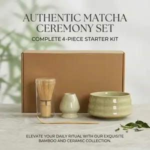 4-Piece Japanese Matcha Tea Set, Ceramic Matcha Bowl, Bamboo Whisk, Holder & Scoop, Traditional Tea Ceremony Kit for Home & Gift