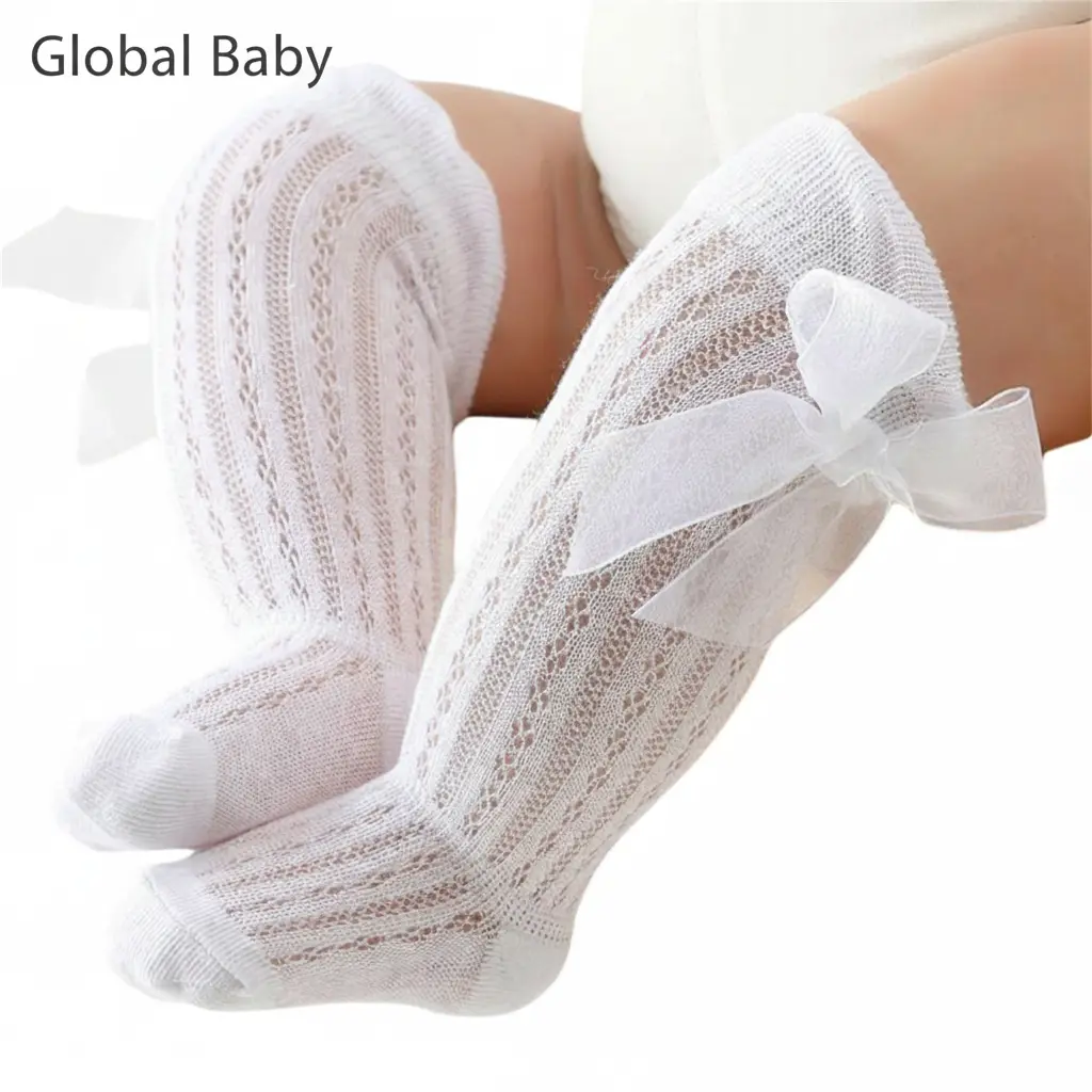 Global Baby Infant Baby Girls Long Stockings Princess Solid Color Cute  Breathable Loose Mouth Socks Over-The-Knee Socks Knit Thigh-High Socks with Big Bow Decor (0-24 Months) Multi-Color