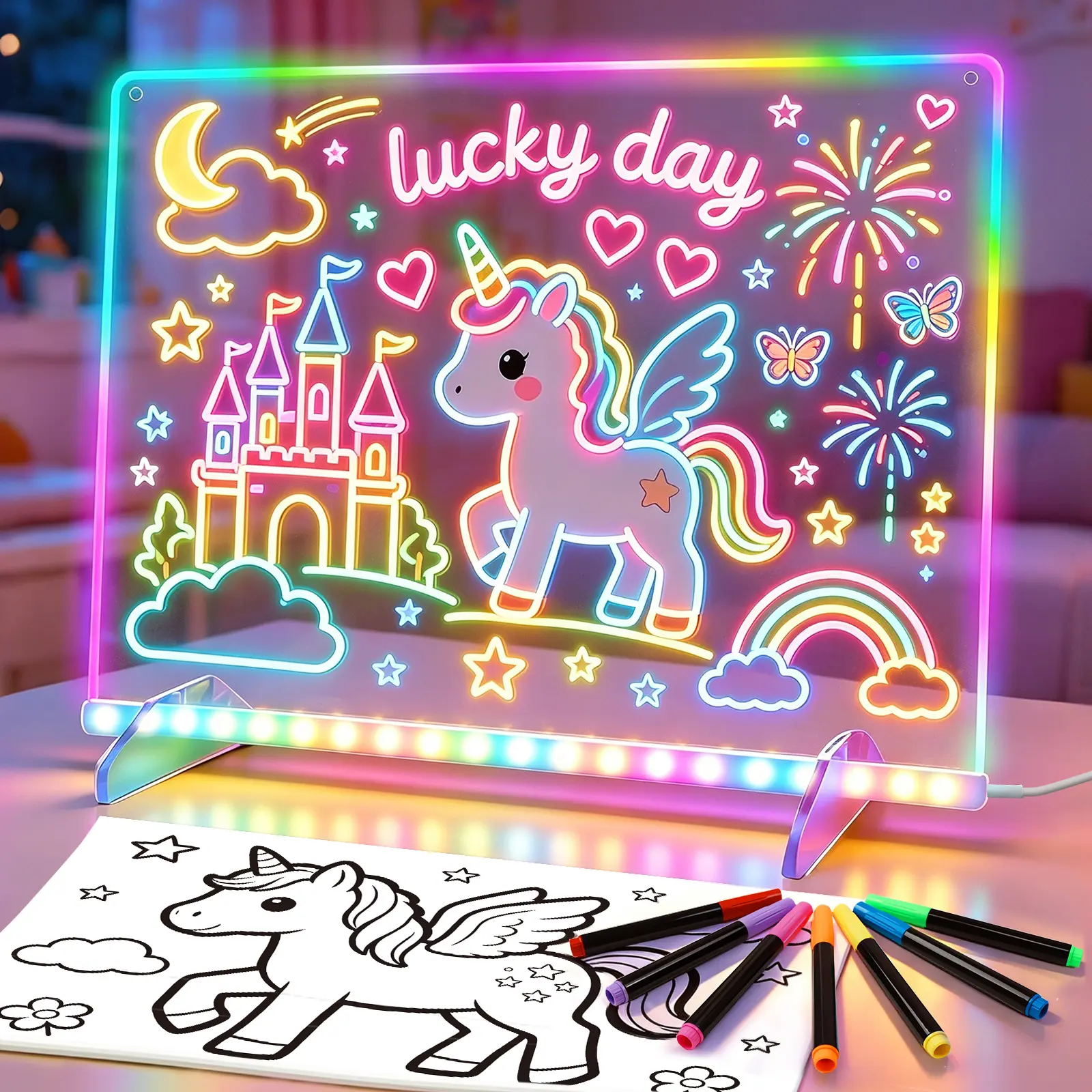 Timisigns LED Drawing Board for Kids, 16" LED Note Board with Color, 13 Glowing Effects and 4 Brightness Levels, Light Up Drawing Pad with 7 Markers&Tracing Paper, Birthday Gifts for Kids Age,techvibes