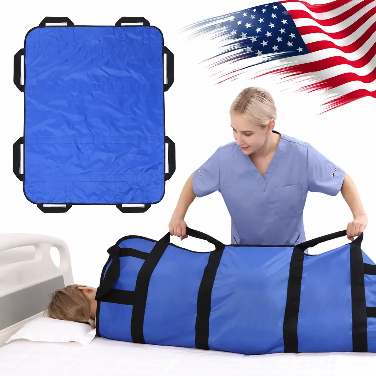 Multipurpose 48" x 40" Positioning Bed Pad with Reinforced Handles - Reusable & Washable Transfer Sheet for Turning, Lifting & Repositioning - Double-Sided Nylon Fabric, Blue