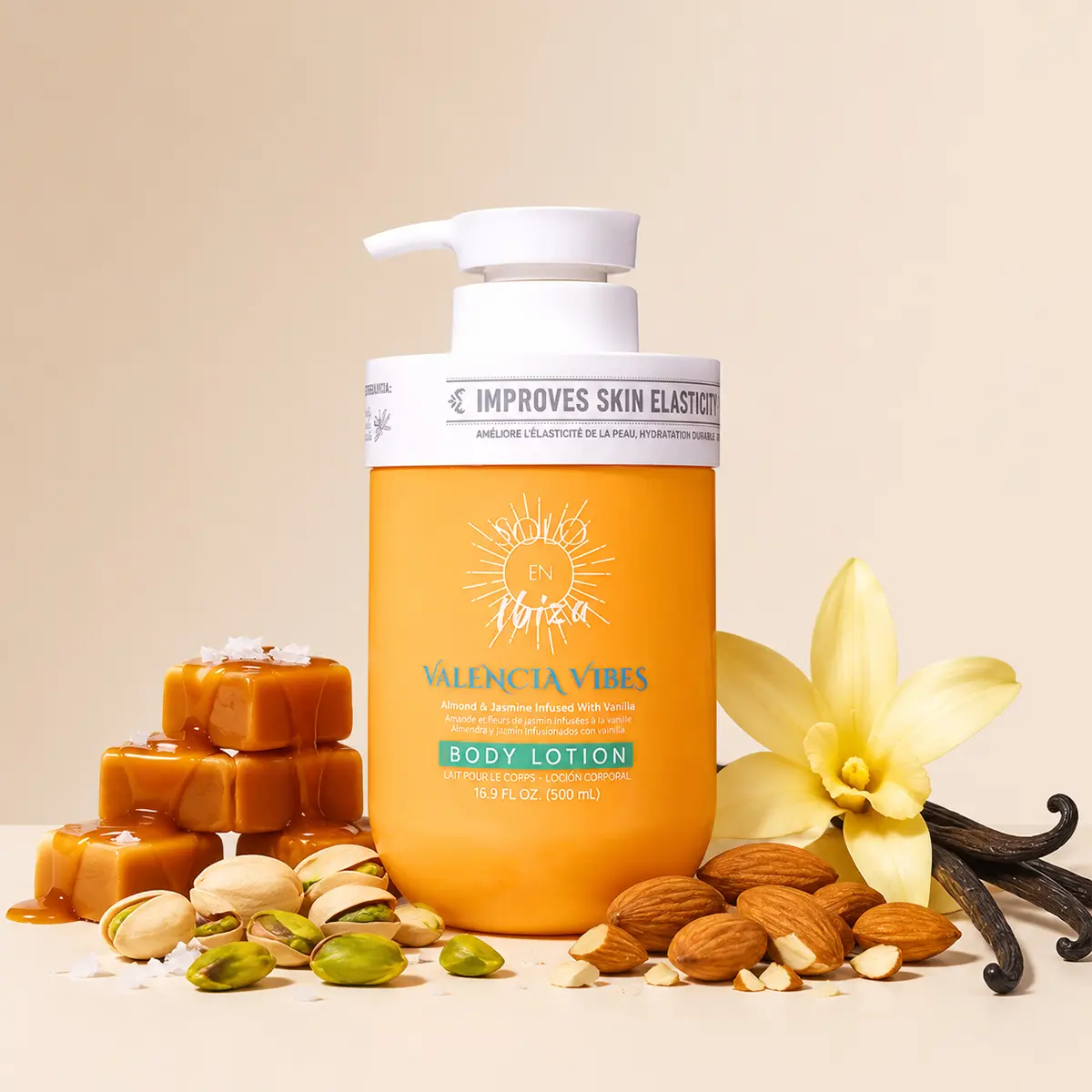 Solo En Ibiza Valencia Vibes Scented Vegan Body Lotion, 16.9oz/500ml - Lightweight Hydrating Daily Moisturizer with Salted Caramel, Pistachio, Almond, Vanilla, Jasmine Fragrance Blend & Long-Lasting Scent, Moisture, Body Care, Cosmetic, Clean, Vanilla Sce