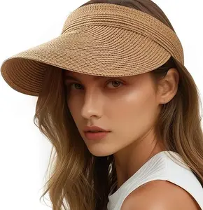 Sun Visor Hats for Women, Wide Brim Straw Beach Ponytail Hats, UPF 50+ Summer Adjustable Packable Foldable Topless Hat