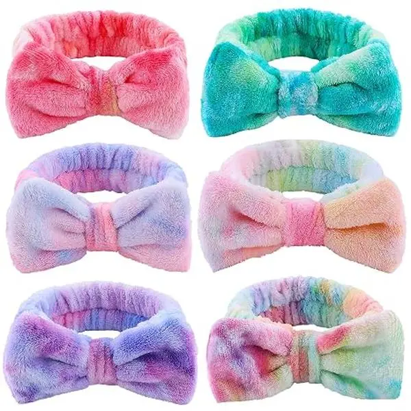 Women's 6-Pack Tie-Dye Coral Fleece Headbands - Soft Elastic Makeup Hair Wraps, Washable Reusable for Facial Cleansing, Shower