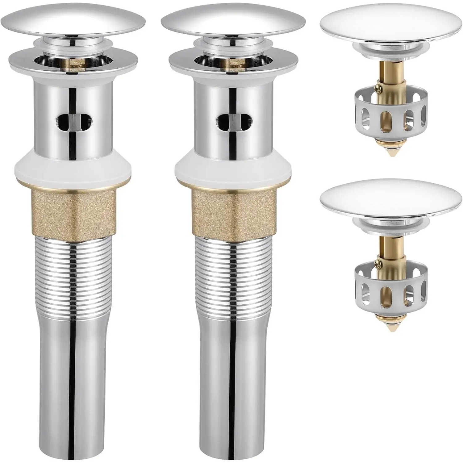 Bathroom Sink Drain with Detachable Hair Catcher Basket, Pop Up Drain Stopper with Overflow Anti-Clogging Vanity Vessel Sink Drain, Polished Chrome 2 Pack 304 Stainless Steel, S2013A-CH-P2