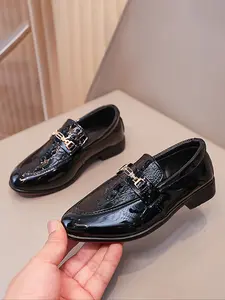 British Style Leather Oxford Shoes, Crocodile Texture, Metal Buckle, Slip-On, Closed, Anti-Slip, Durable, School, Formal, Casual, Rubber, Walking Shoes Footwear