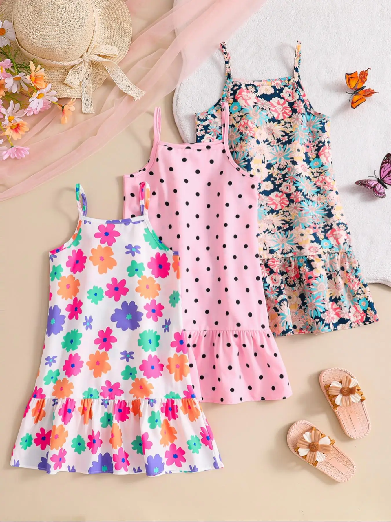 Girl's Polka Dot & Floral Print Cami Dress, Casual Sleeveless Dress for Summer, Kids Clothes for Daily Wear, Floral Pattern Dress