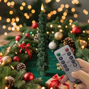 Christmas Tree Flameless Taper Candles with Remote Timer, Christmas LED Taper Candles with 3D Flame, 4 Pcs Green LED Candlesticks for Christmas Home Decoration