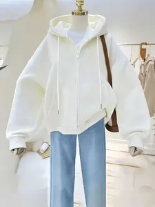 Women's Fall Winter Casual Loose Zipper Hoodie Jacket, Long Sleeve Drawstring Design, Lightweight Thicken Fabric, Pocket Detail, Sweatshirts