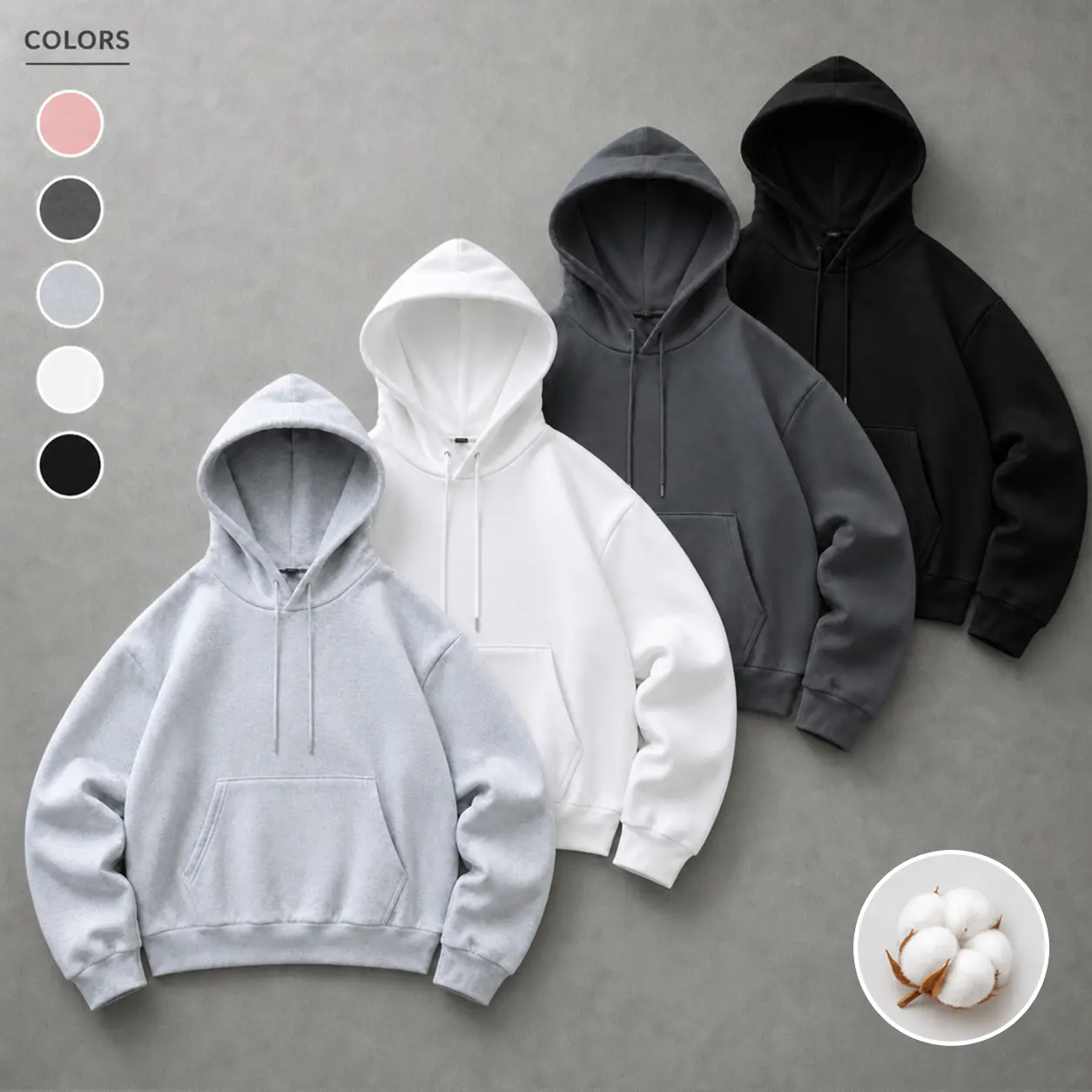 Minimalist solid-color hooded sweatshirt, cropped length with dropped shoulders, loose fit, versatile basic pullover for everyday wear and commuting, ideal for couples.