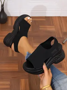 Women's Fashionable Solid Color Platform Sandals, Comfortable Casual Outdoor Wedge Sandal Shoes for Summer, Bohemian Trending Sandals, Black Female All-match Round Toe Flatform Sandals for Daily Wear, Footwear