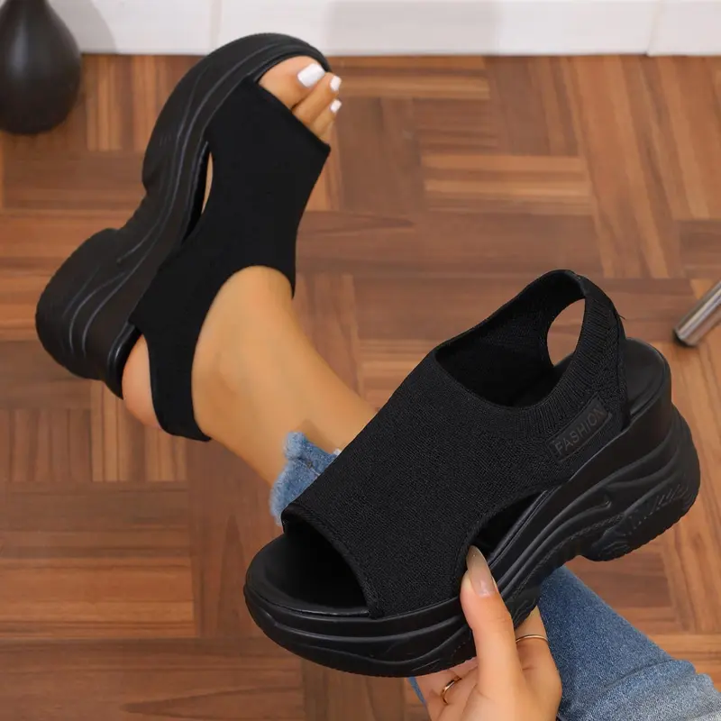 Women's Fashionable Solid Color Platform Sandals, Comfortable Casual Outdoor Wedge Sandal Shoes for Summer, Bohemian Trending Sandals, Black Female All-match Round Toe Flatform Sandals for Daily Wear, Footwear