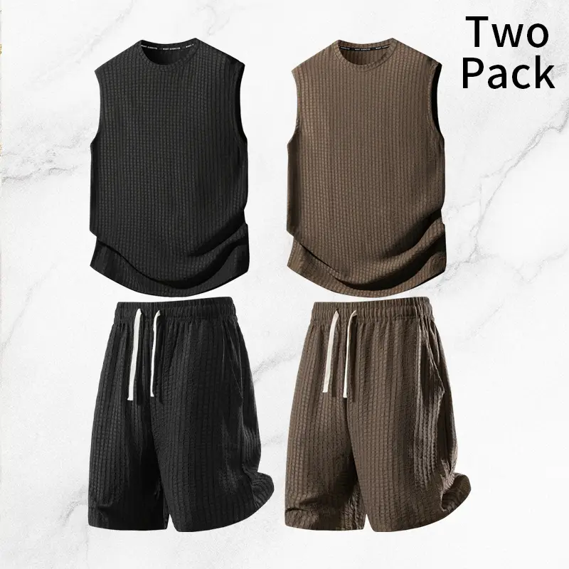 Men’s solid-color ribbed sleeveless tank top and shorts two-piece set featuring a minimalist urban style. The sleeveless, breathable design is suitable for men who prioritize comfort at home in summer or for casual outings. Clothes Outfit Menswear Plain