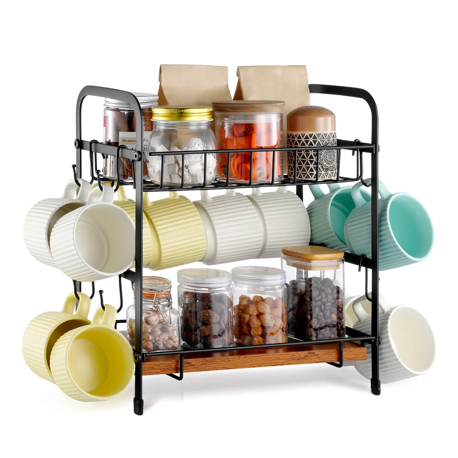 VEVOR 2 Tier Coffee Bar Organizer for Countertop,  Multifunctional Mug Holder and Coffee Station, 12 Movable Hooks and 2 Shelves for Coffee Accessories Storage and Display, Home Office (Matte Black)