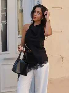 Women's French Lace Splicing Halter Tank Top, Smooth Skin-Friendly Fabric for Daily Commute & Date Night, Chic Slimming Elegant Style