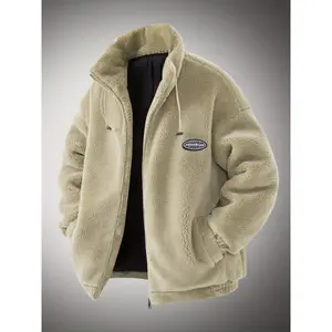 1pc Men'S Casual Fleece Jacket, Polyester Knit Fabric, Solid Color, Winter Warmth, Stand Collar, Zip Closure, Regular Fit with Pockets