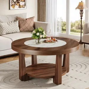 Tribesigns Coffee Table, 2-Tier Round Coffee Table with Heavy-Duty Wood Tabletop for Living Room, Industrial Circle Wood Accent Center Table with Storage, Brown and White