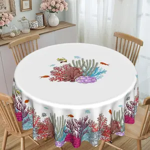 1pc Tropical Ocean Coral Fish Print Round Tablecloth for Kitchen and Dining Rooms, 120g/㎡ Twill Polyester, Furniture Protector, Party and Party Decoration, Desktop Atmosphere Decoration, Suitable for Hotels, Restaurants, Banquets, Homes and Other Spaces