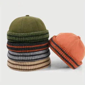 Men'S Vintage Beanie Hat - Adjustable Strap, Olive Green/Orange/Red/Gray/Black/White/ - Streetwear, Hip-Hop, Casual Outfits - Warm Winter Cap for Everyday & Formal Events - Retro Urban Fashion Accessory, Streetwear Style, Striped Pattern, Cozy Material, F